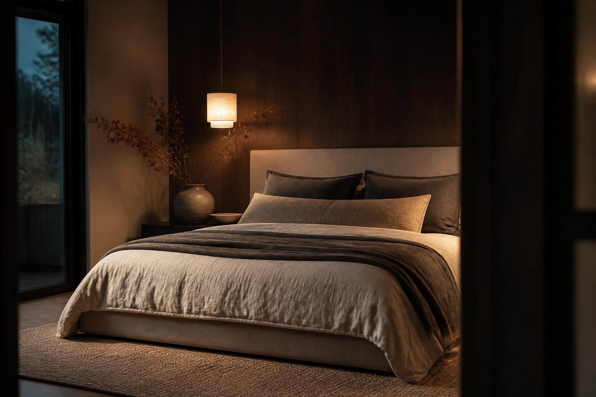 Quarto de alto padrão com cama arrumada e luz quente
